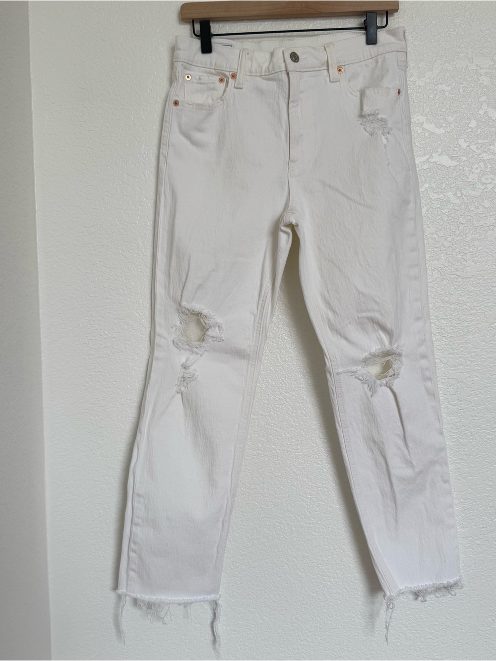 Gap White Distressed High Rise Straight Leg Mom Jeans